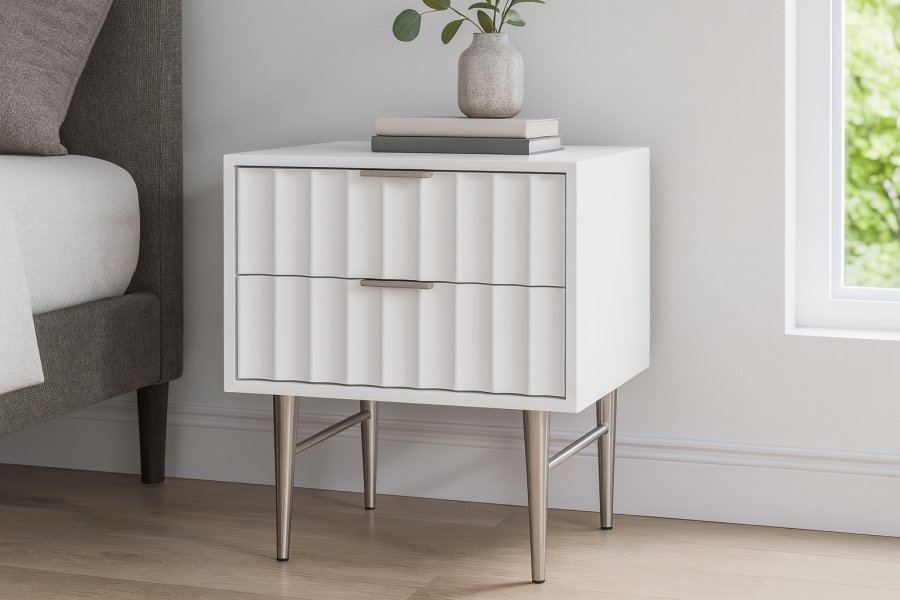 12092-1.jpg Modernist Wood Veneer And Stainless Steel Base Nightstand - Image 2