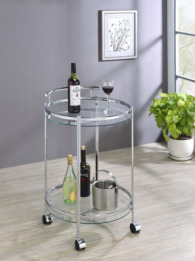 181367_01x900.jpg CHRISSY ROUND GLASS SHELF METAL BAR CART CHROME - Image 2