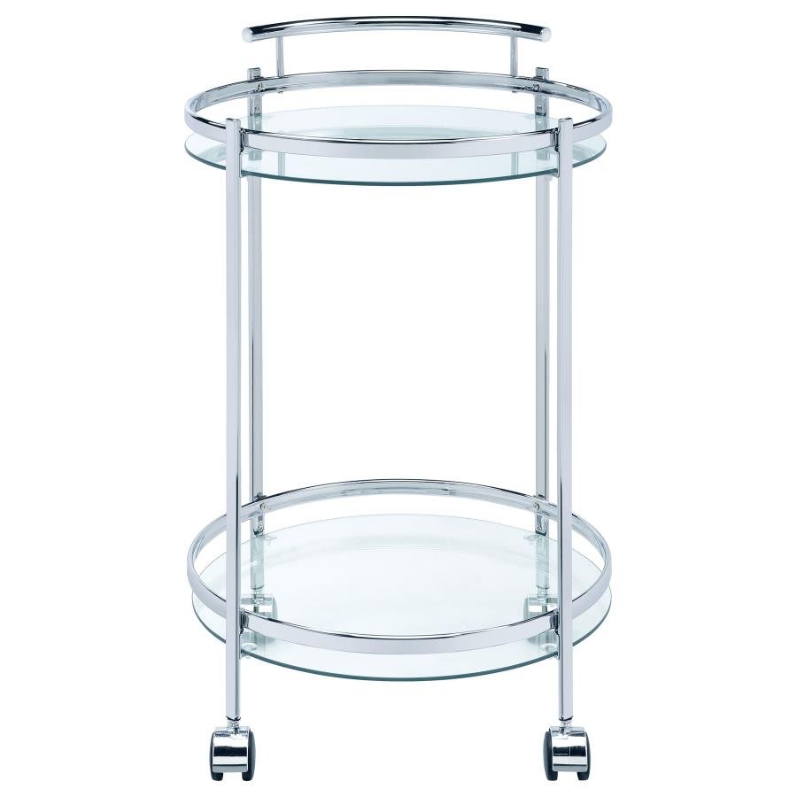 181367_03x900.jpg CHRISSY ROUND GLASS SHELF METAL BAR CART CHROME - Image 3