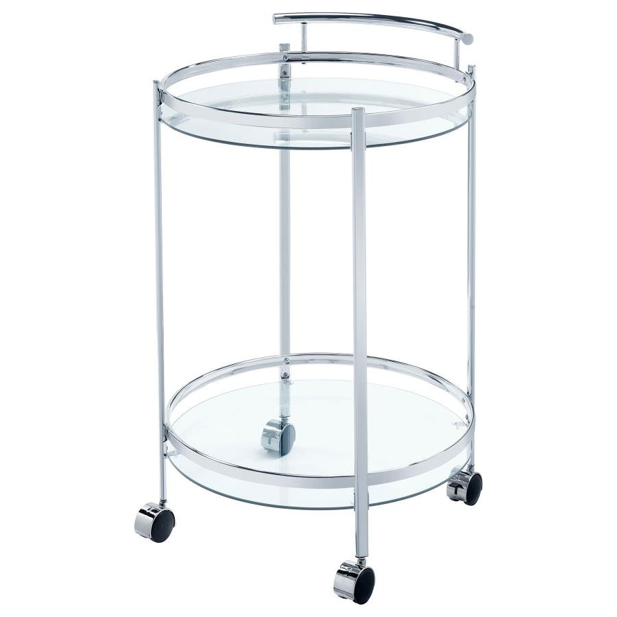 181367_04x900.jpg CHRISSY ROUND GLASS SHELF METAL BAR CART CHROME - Image 4