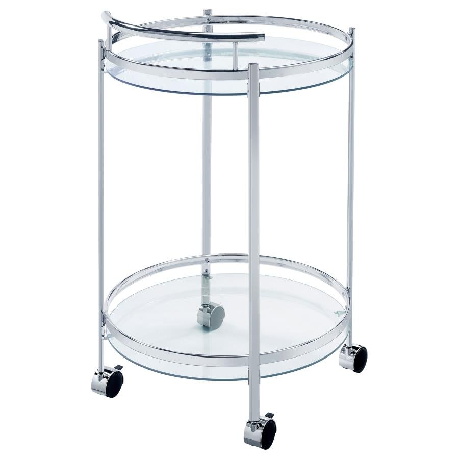181367_08x900.jpg CHRISSY ROUND GLASS SHELF METAL BAR CART CHROME - Image 8