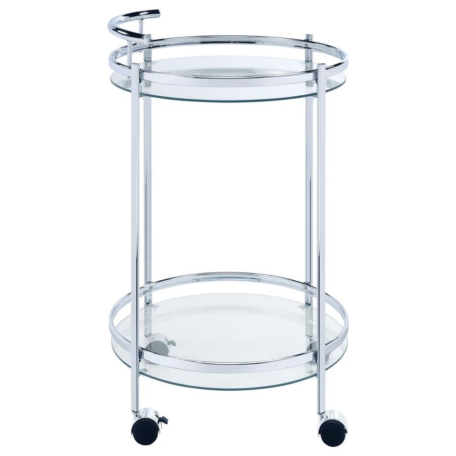 181367_09x900.jpg CHRISSY ROUND GLASS SHELF METAL BAR CART CHROME - Image 9