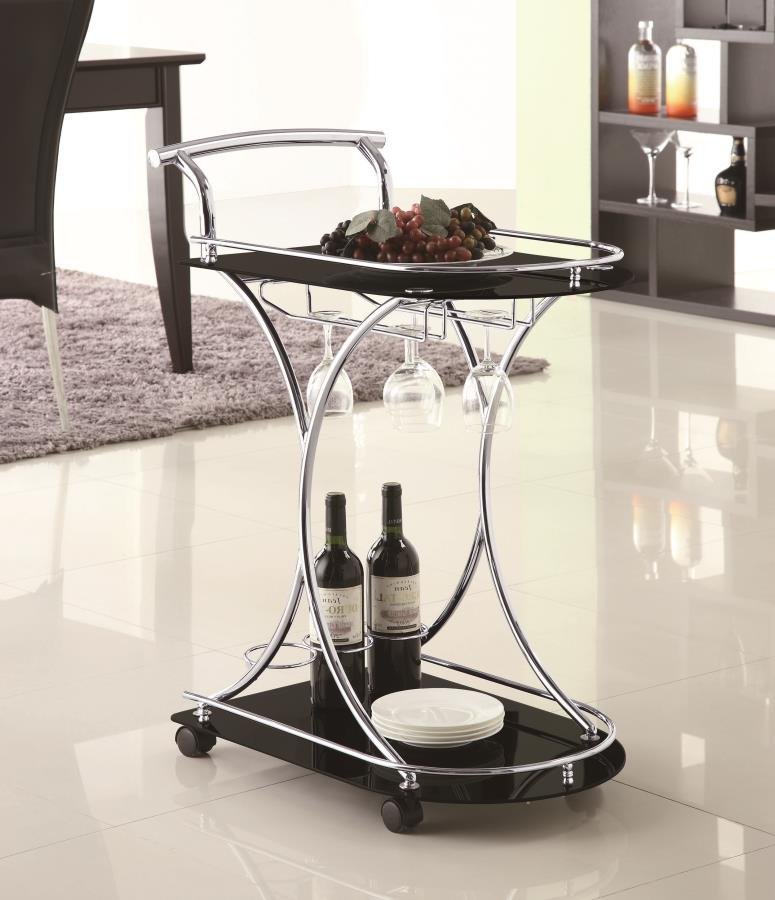 910001_01x900.jpg ELFMAN 2-TIER GLASS SHELF METAL BAR CART BLACK AND CHROME - Image 2