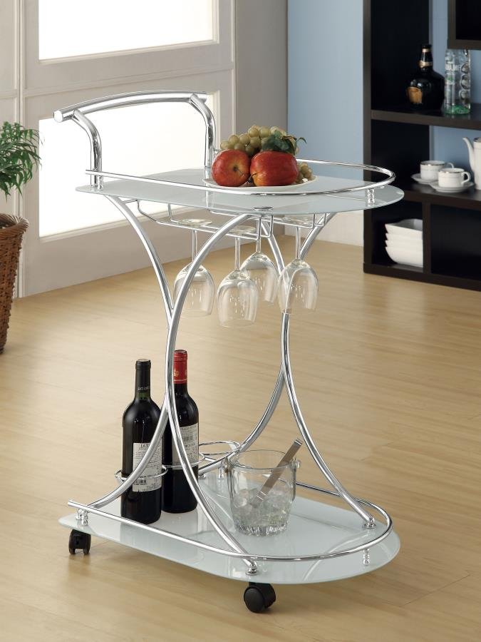 910002_01x900.jpg ELFMAN 2-TIER GLASS SHELF METAL BAR CART WHITE AND CHROME - Image 2