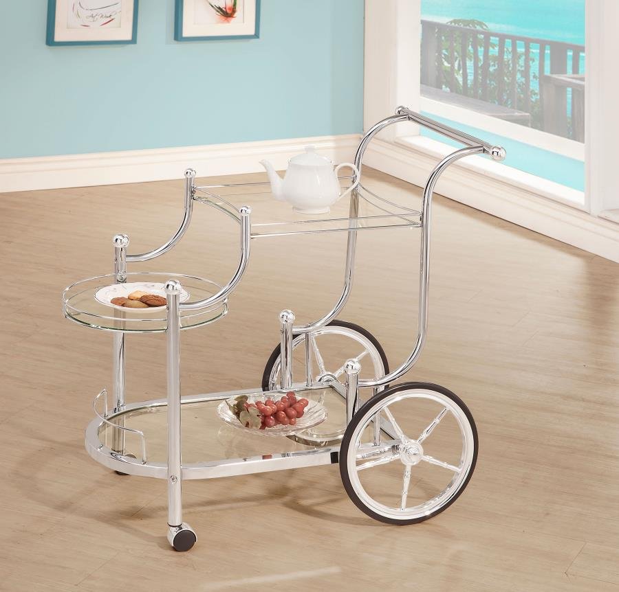 910076_01x900.jpg SARANDON 3-TIER GLASS SHELF METAL BAR CART CHROME - Image 2