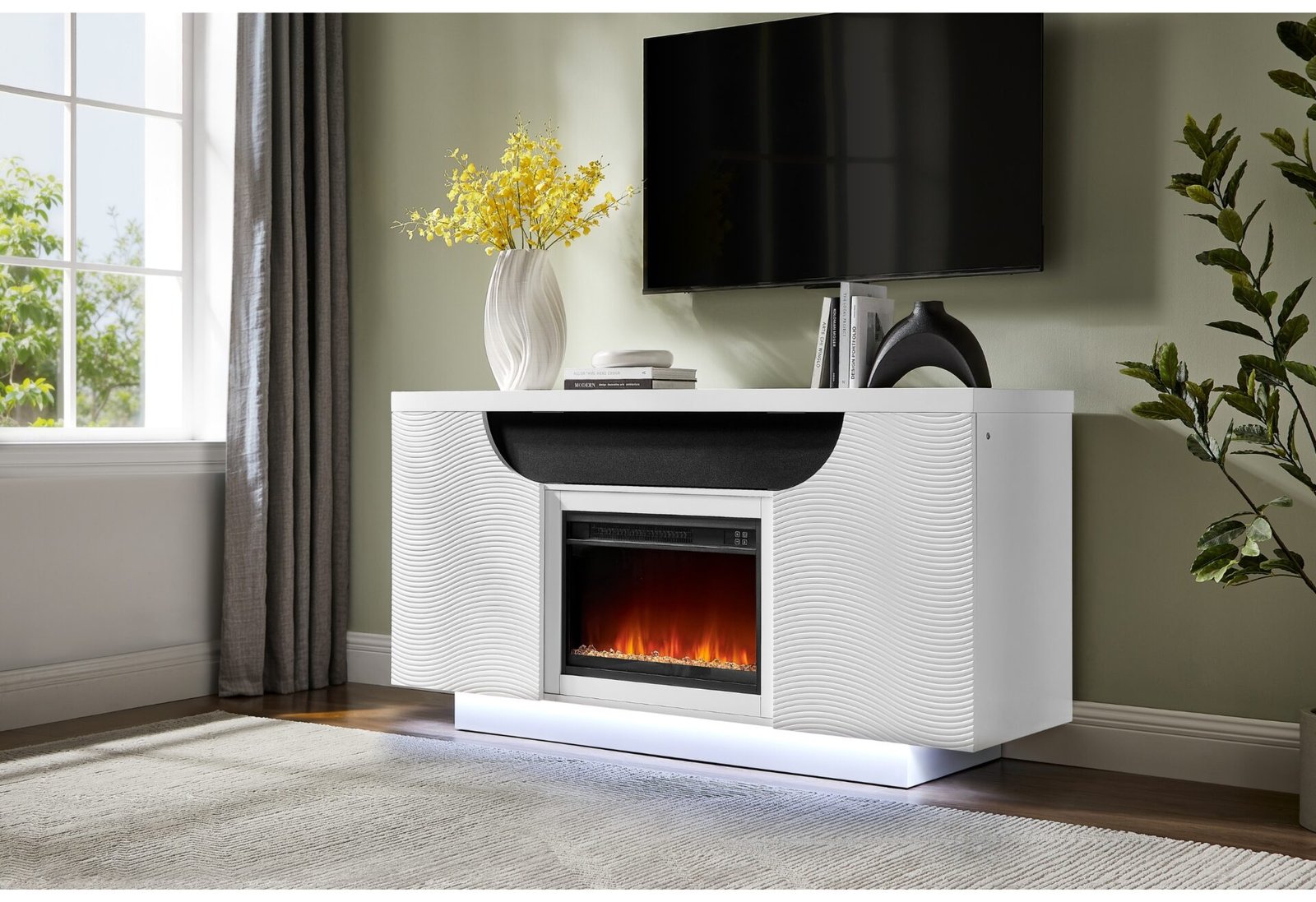 AILEEN WHITE 66″ ENTERTAINMENT UNIT WITH LED, SPEAKERS, CRYSTAL INSERTS AND POP UP CENTER DOORS