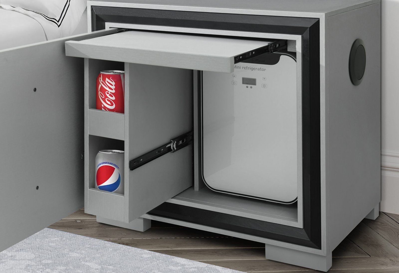 Amelia-Grey-Black-NS-w-Fridge-detail-1.jpg AMELIA GREY/BLACK NIGHTSTAND WITH COOLER AND SPEAKER - Image 2