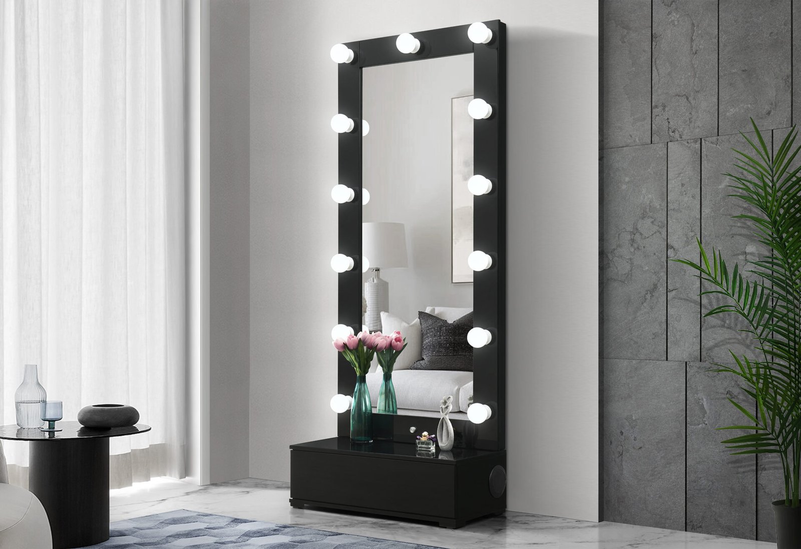 ELLA BLACK NARROW TALL MIRROR WITH DRAWER AND SPEAKER