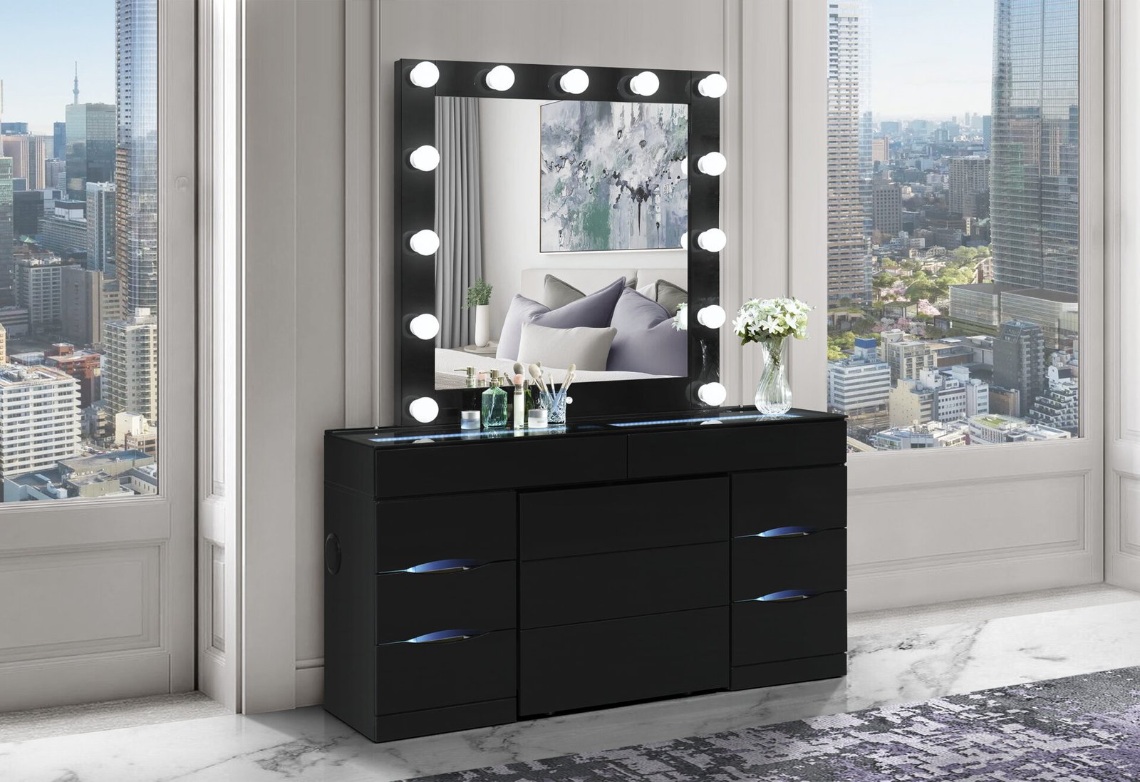 ELLA BLACK VANITY SET WITH STORAGE STOOL