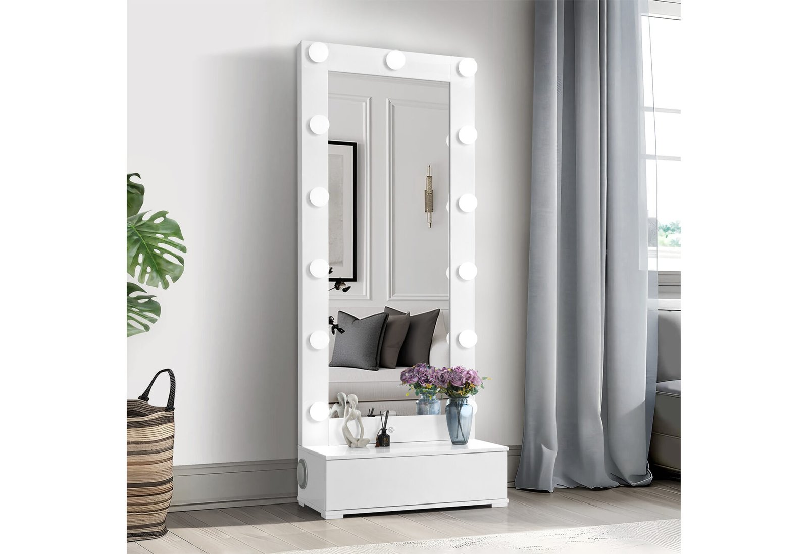 ELLA WHITE NARROW TALL MIRROR WITH LED AND SPEAKER