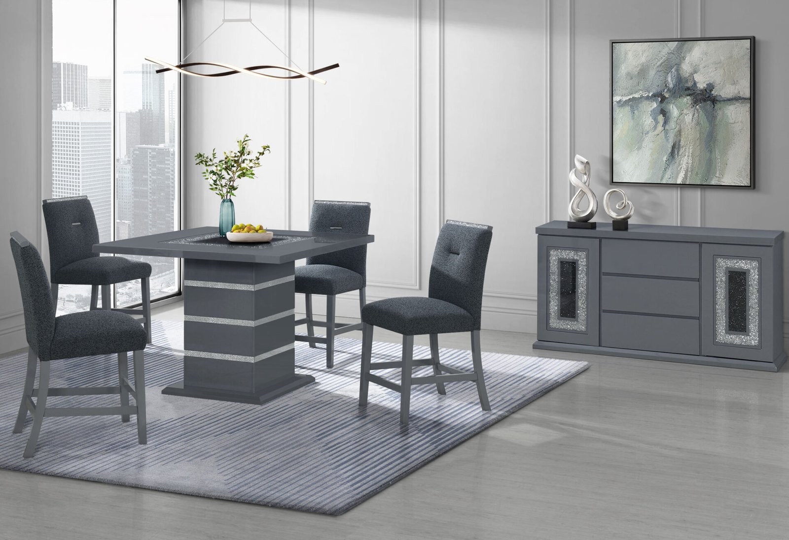 MONACO DARK GREY BAR TABLE AND 8 MONACO DARK GREY BAR STOOLS