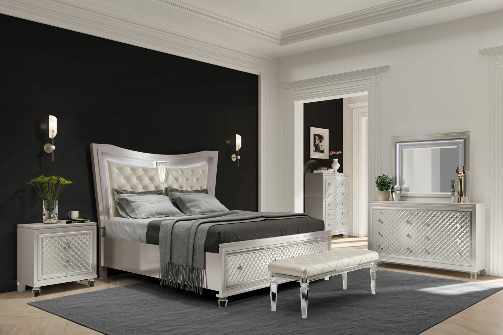 PARIS CHAMPAGNE QUEEN BED GROUP WITH LED