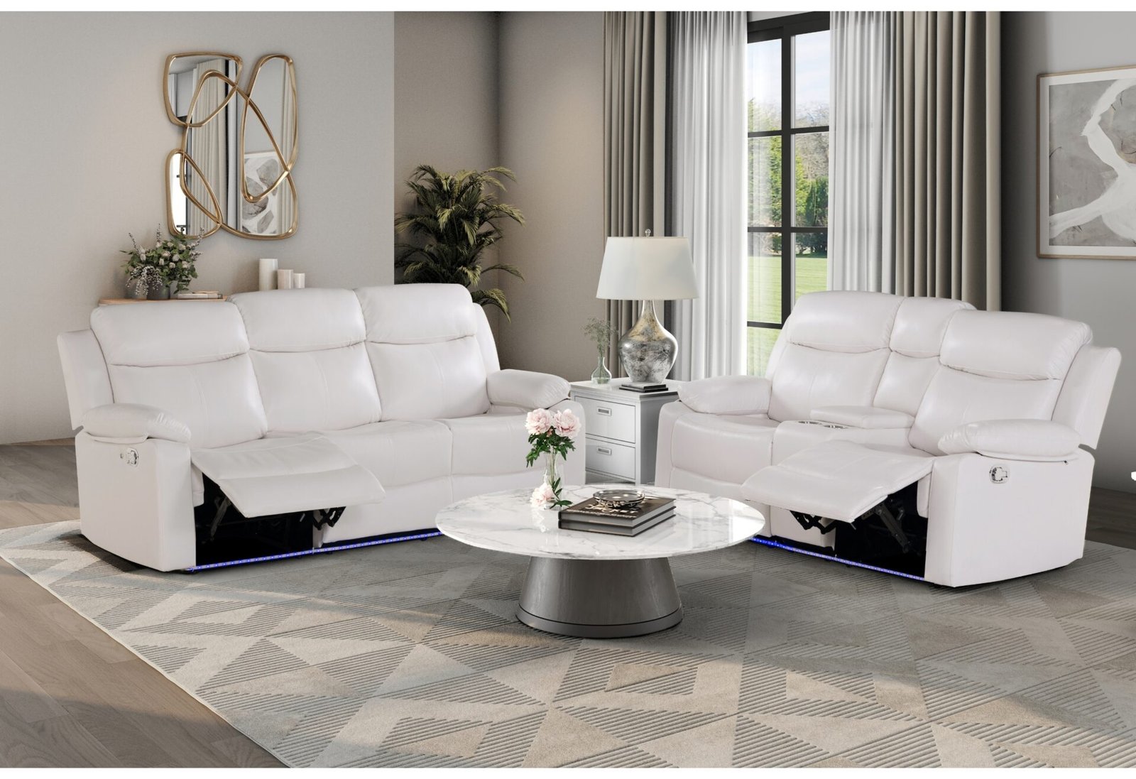 U6026 BLANCHE WHITE RECLINING SOFA, CONSOLE RECLINING LOVESEAT WITH LED AND SPEAKER