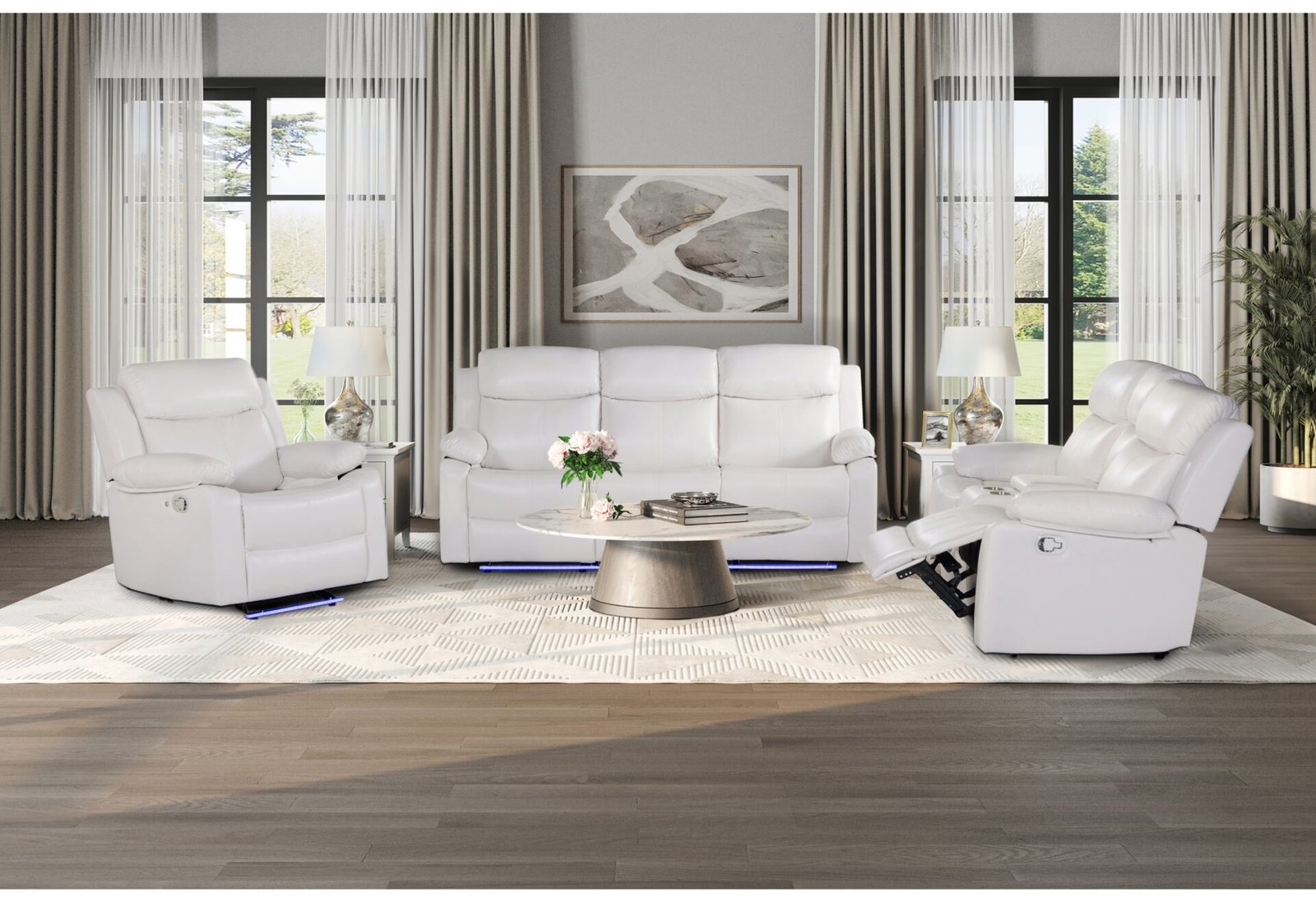 U6026 BLANCHE WHITE RECLINING SOFA, CONSOLE RECLINING LOVESEAT WITH SPEAKER AND GLIDER RECLINER WITH LED