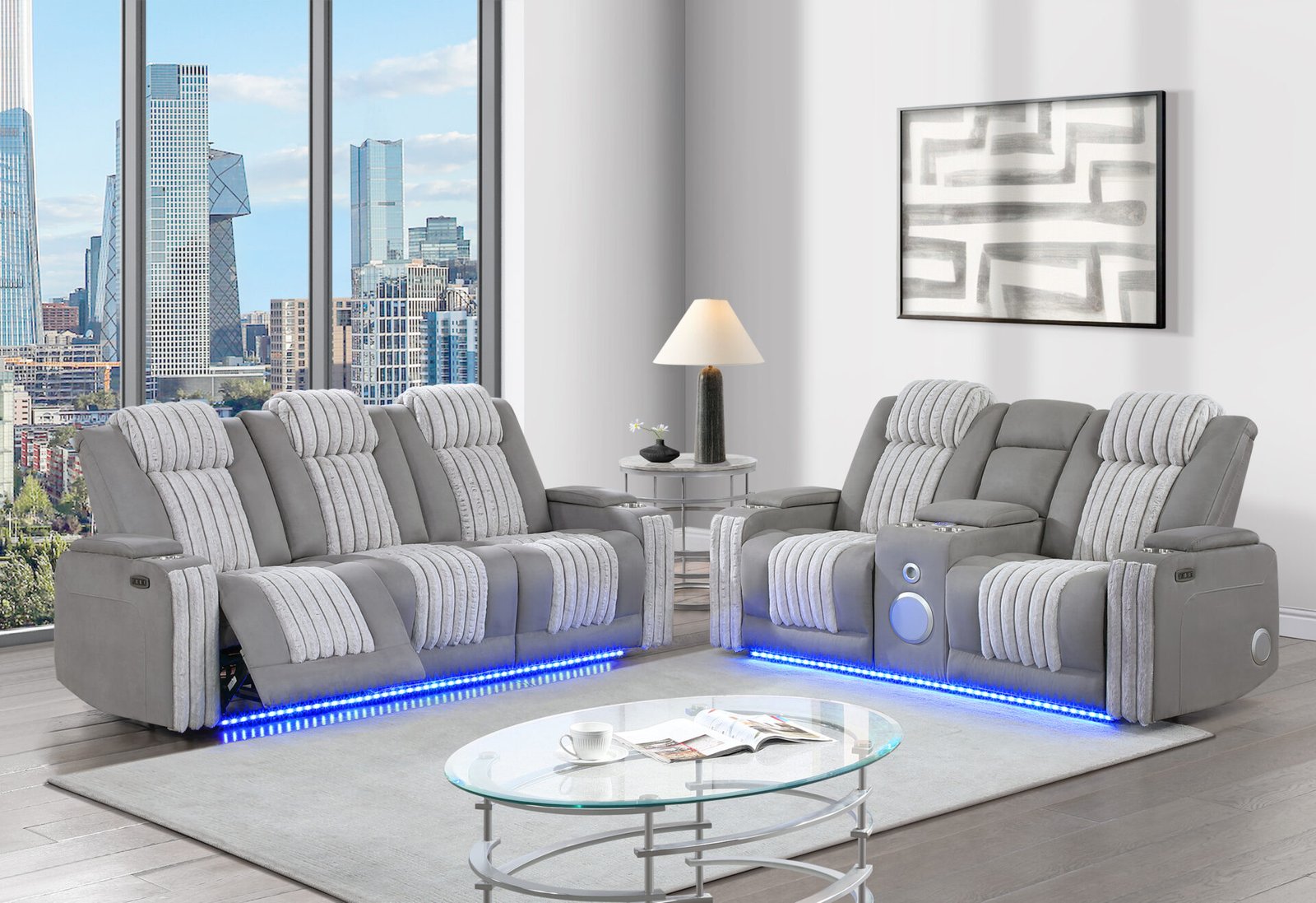 U8000 GREY POWER CONSOLE RECLINING LOVESEAT W POWER HEADREST LED & BLUETOOTH SPEAKER/ POWER RECLINING SOFA W HEADREST DDT TABLE READING LIGHT & LED