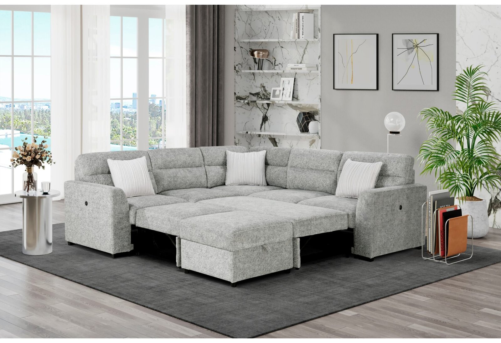 U9401 NICKEL SOFA BED SECTIONAL WITH 3 PILLOWS AND OTTOMAN