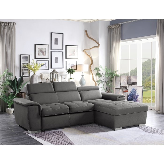 8228gy* 2 piece sectional with adjustable headrests, pull out bed and right chaise with hidden storage 8228gy* 2 piece sectional with adjustable headrests, pull out bed and right chaise with hidden storage