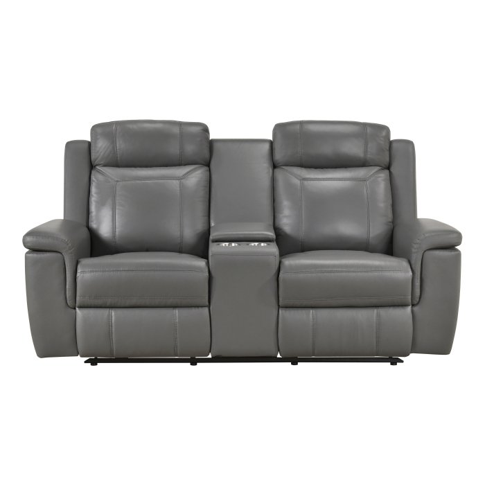 8379DGY-2 Double Reclining Love Seat with Center Console and Receptacles