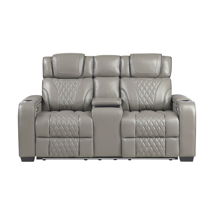 8449GY-2PWHM Power Double Reclining Love Seat with Center Console, Power Headrests, Storage Arms with Cup Holders, Wireless charger,  Air Massage and Heat, LED Lighting and Charging Ports