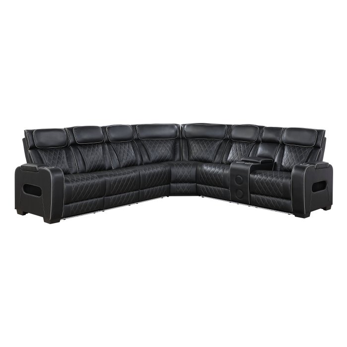 9516BLKS*33L2RCNPWH 3-Piece Power Reclining Sectional with Right Side Console, Drop-Down Cup Holders, Power Headrests, Storage Arms(Top and Side), Cup holders, Reading Lights, Charging Ports, Wireless speakers, Two Wireless Chargers, and LED lighting