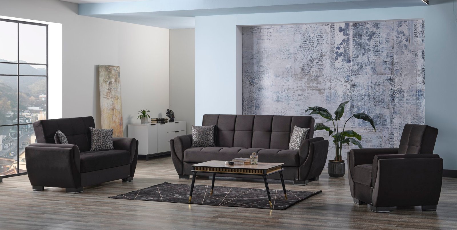 Ottomanson Armada Air Collection Upholstered Convertible Sofabed with Storage, Black Microfiber