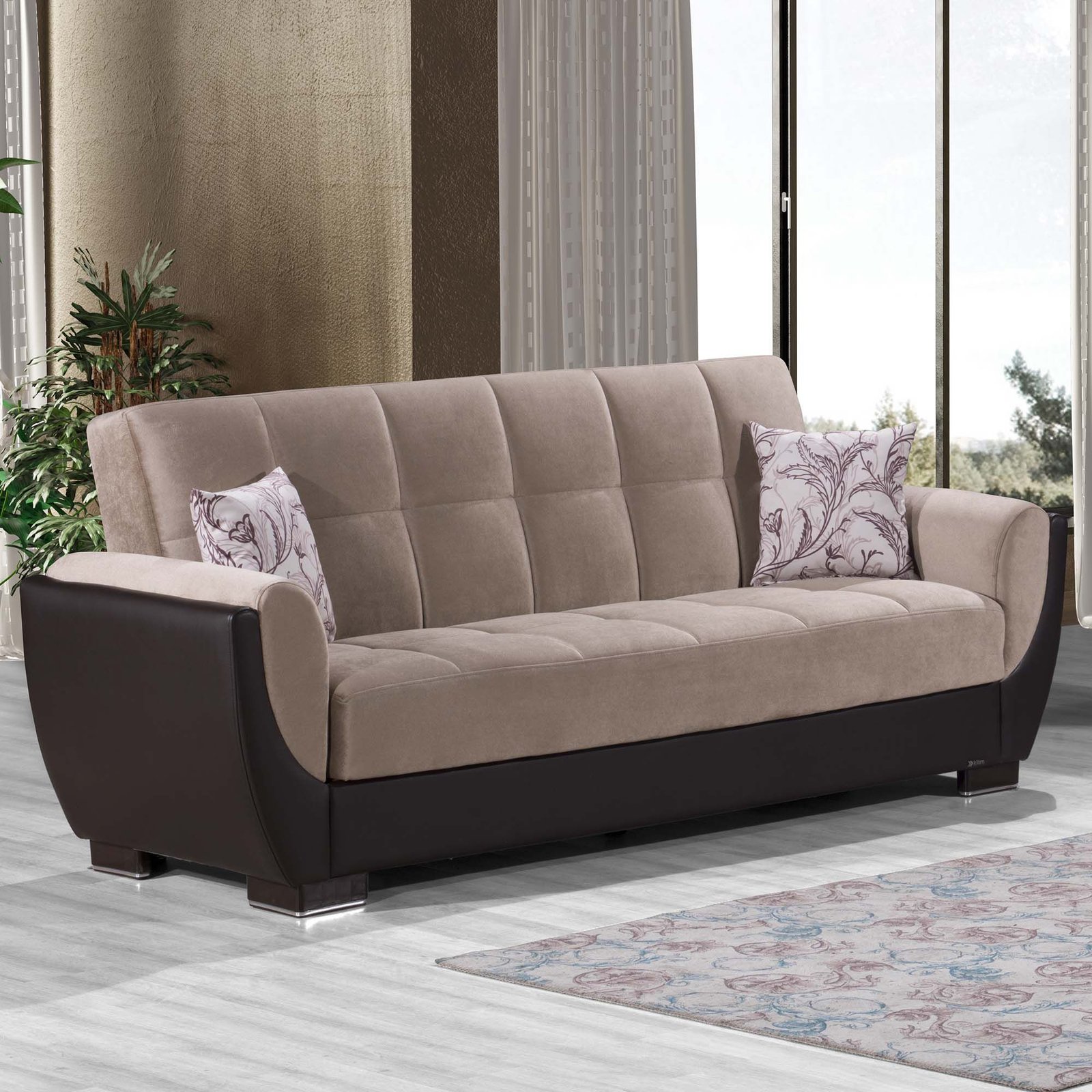 Ottomanson Armada Air Collection Upholstered Convertible Sofabed with Storage, Beige/Brown-PU Chenille