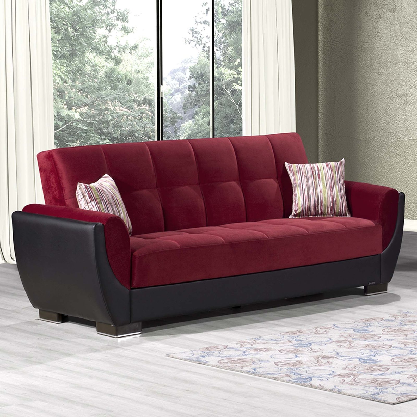 Ottomanson Armada Air Collection Upholstered Convertible Sofabed with Storage, Burgundy/Black-PU Microfiber