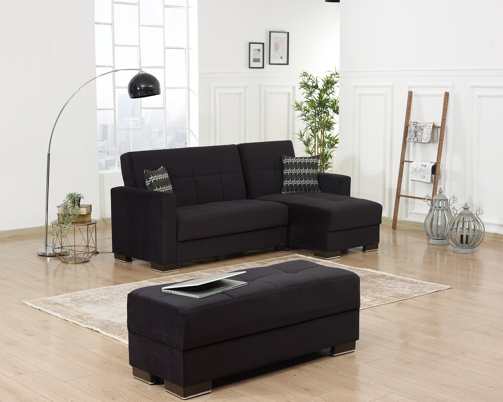 Ottomanson Armada Collection Upholstered Ottoman with Storage, Black Microfiber