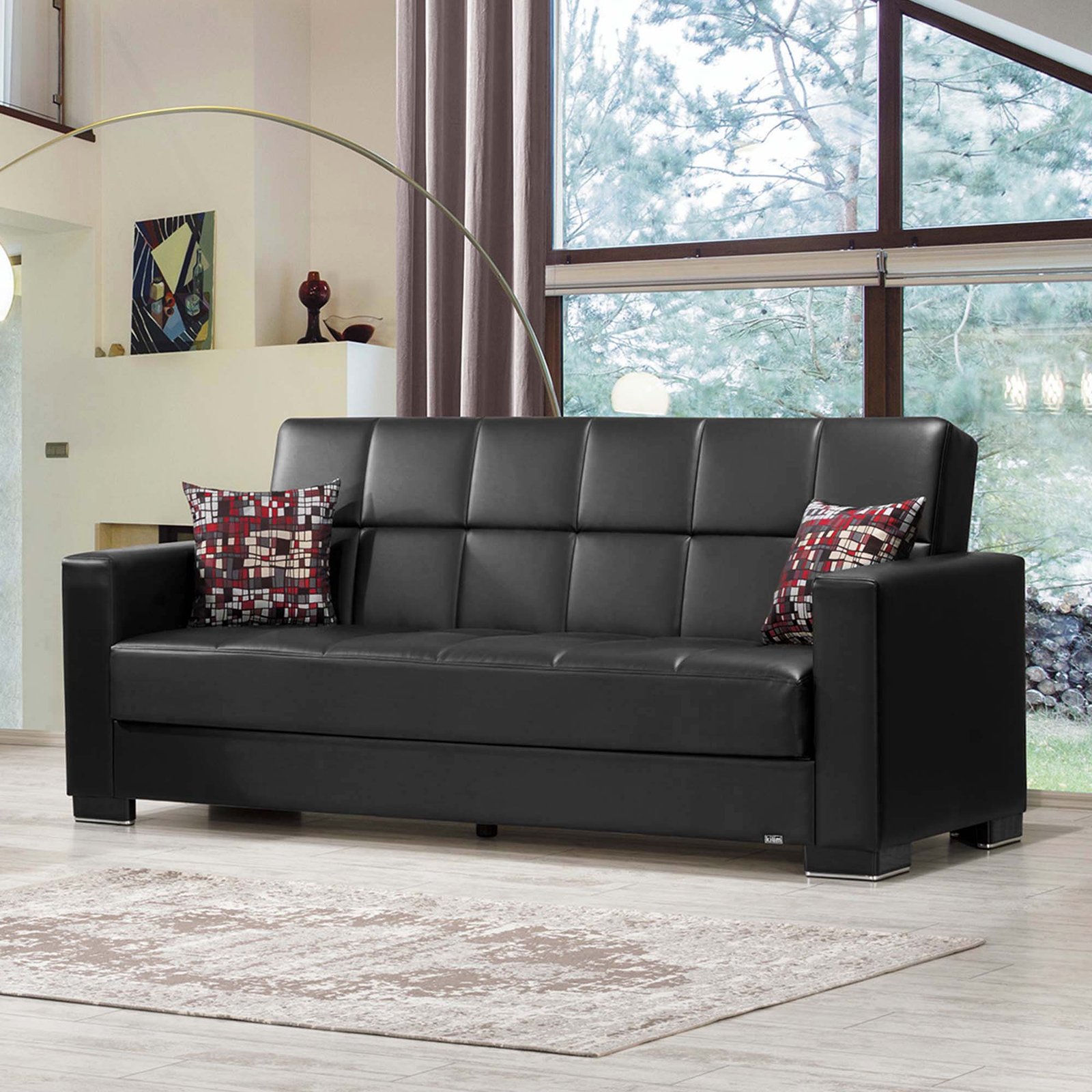 Ottomanson Armada Collection Upholstered Convertible Sofabed with Storage, Black-PU