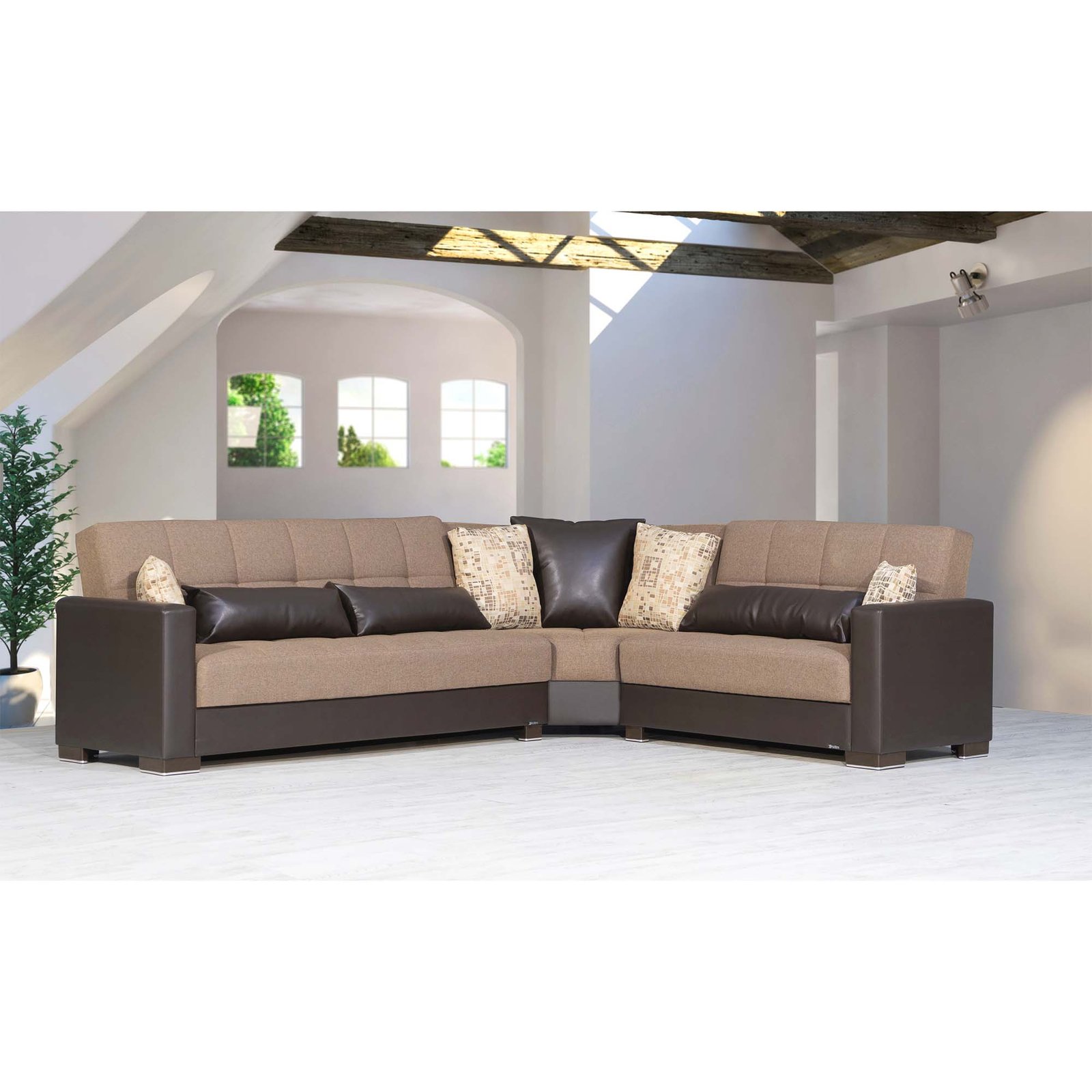 ottomanson armada collection upholstered convertible sectional with storage, beige/brown pu chenille ottomanson armada collection upholstered convertible sectional with storage, beige/brown pu chenille