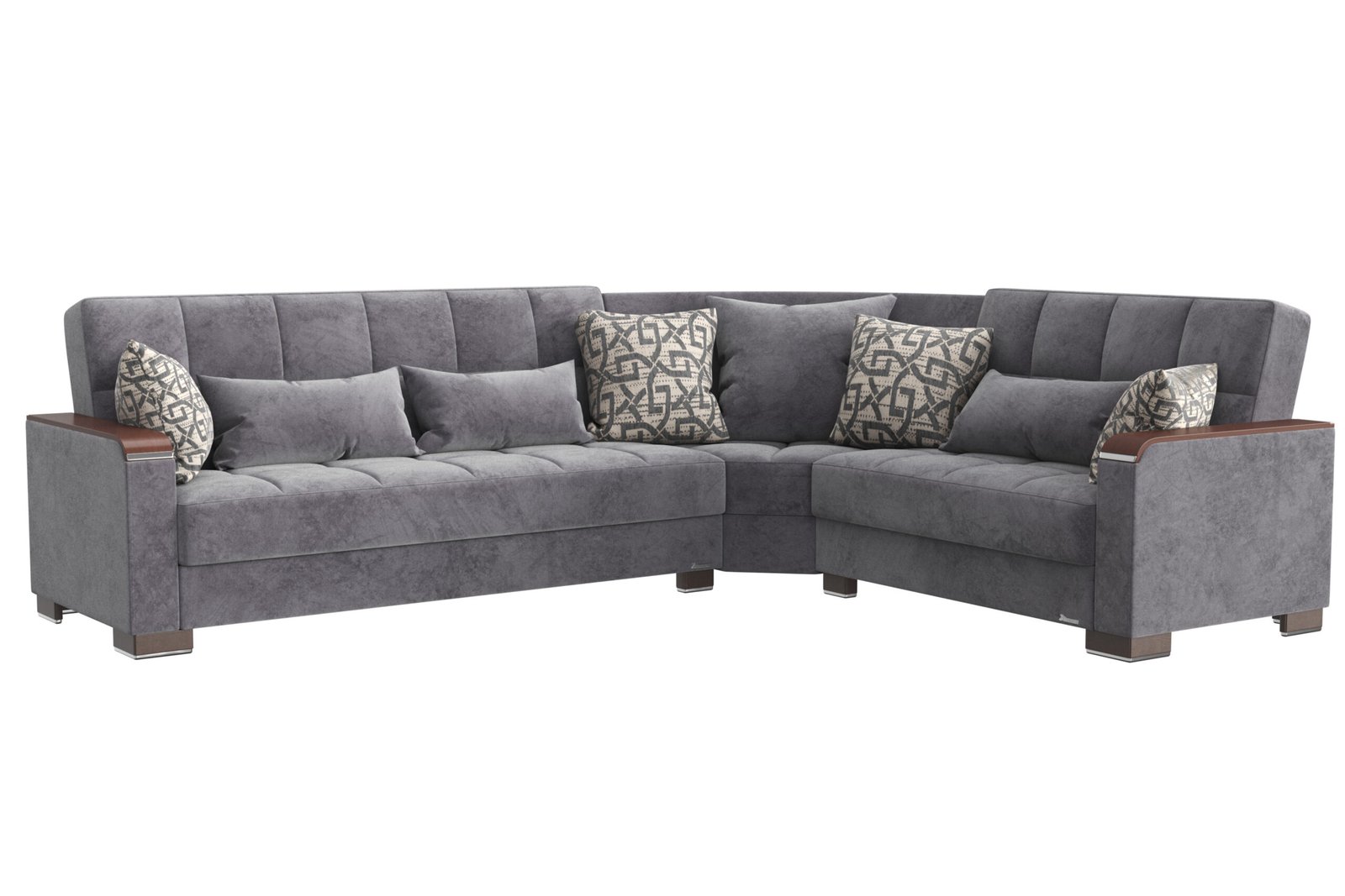 Ottomanson Armada X Collection Upholstered Convertible Wood Trimmed Sectional with Storage, Grey Microfiber