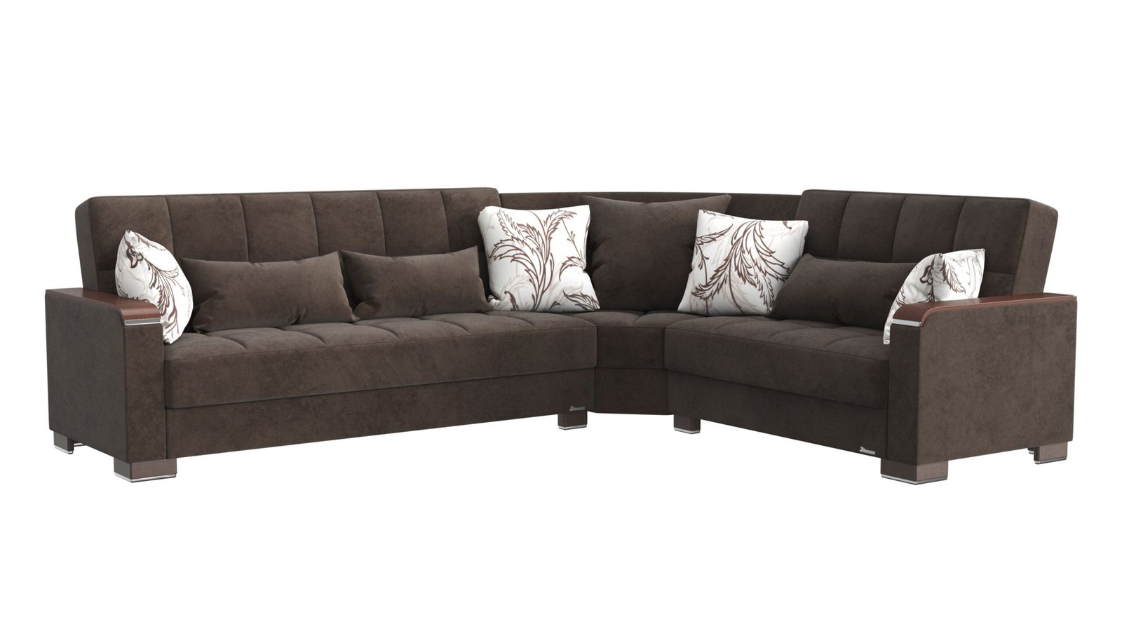 Ottomanson Armada X Collection Upholstered Convertible Wood Trimmed Sectional with Storage, Brown Microfiber