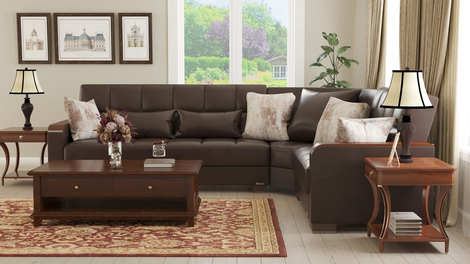 ottomanson armada x collection upholstered convertible wood trimmed sectional with storage, brown pu ottomanson armada x collection upholstered convertible wood trimmed sectional with storage, brown pu