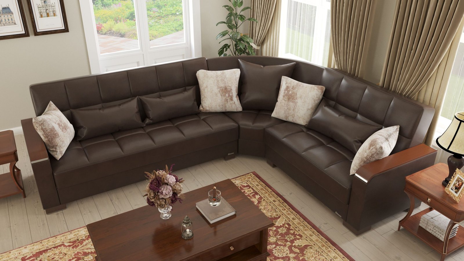 ottomanson armada x collection upholstered convertible wood trimmed sectional with storage, brown pu ottomanson armada x collection upholstered convertible wood trimmed sectional with storage, brown pu