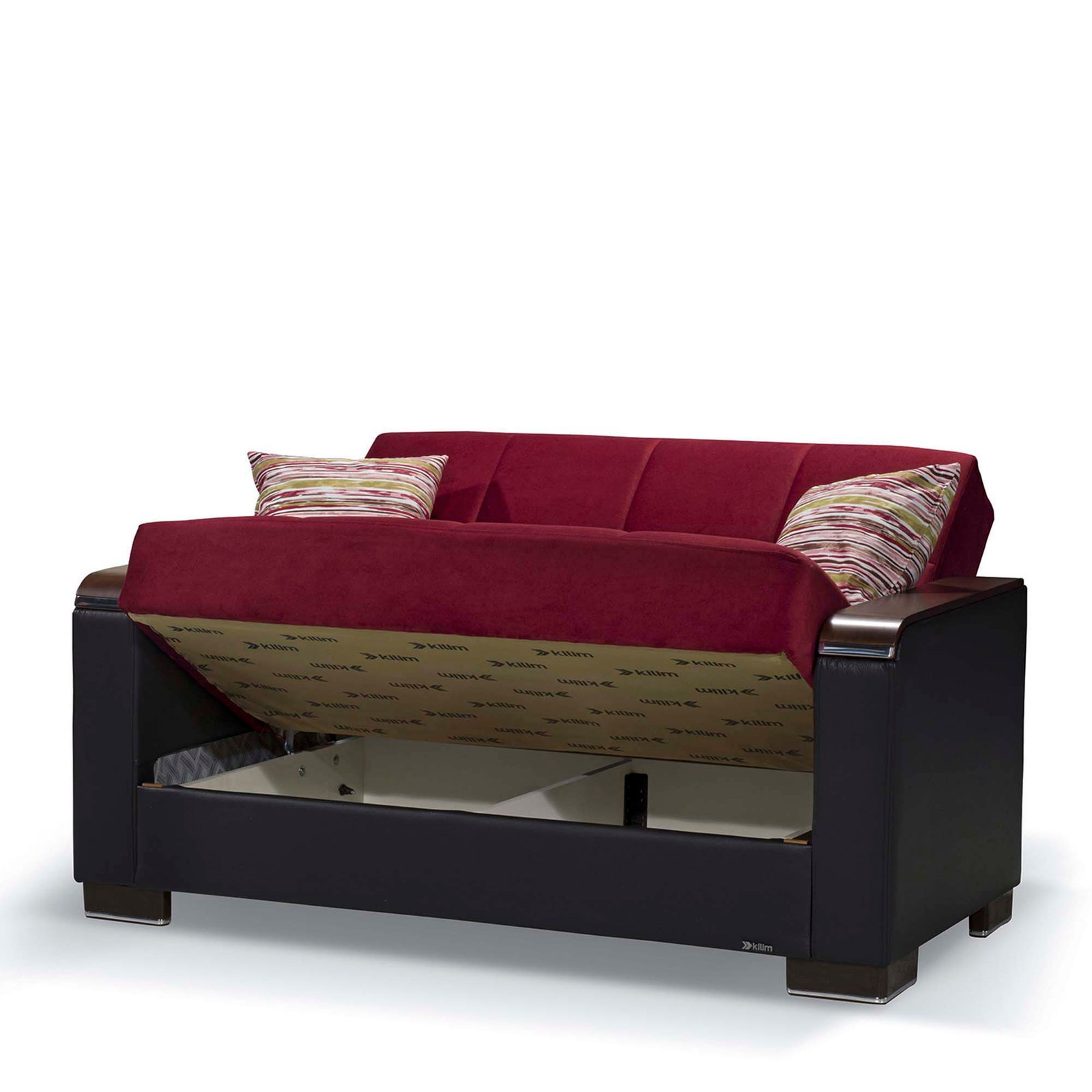 ottomanson armada x collection upholstered convertible wood trimmed loveseat with storage, burgundy/black pu microfiber ottomanson armada x collection upholstered convertible wood trimmed loveseat with storage, burgundy/black pu microfiber