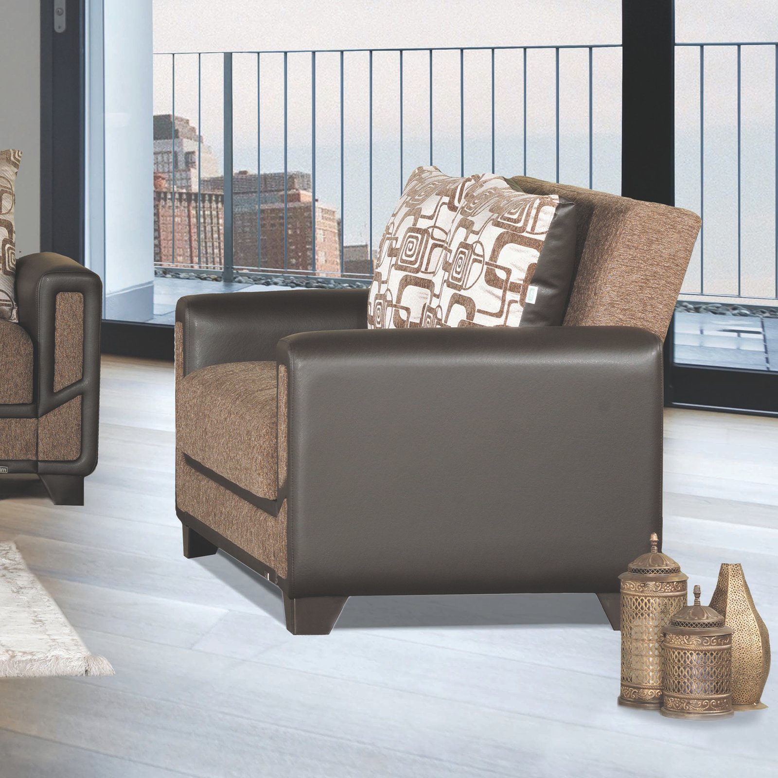 Ottomanson Mondo Modern Collection Upholstered Convertible Loveseat with Storage, Brown