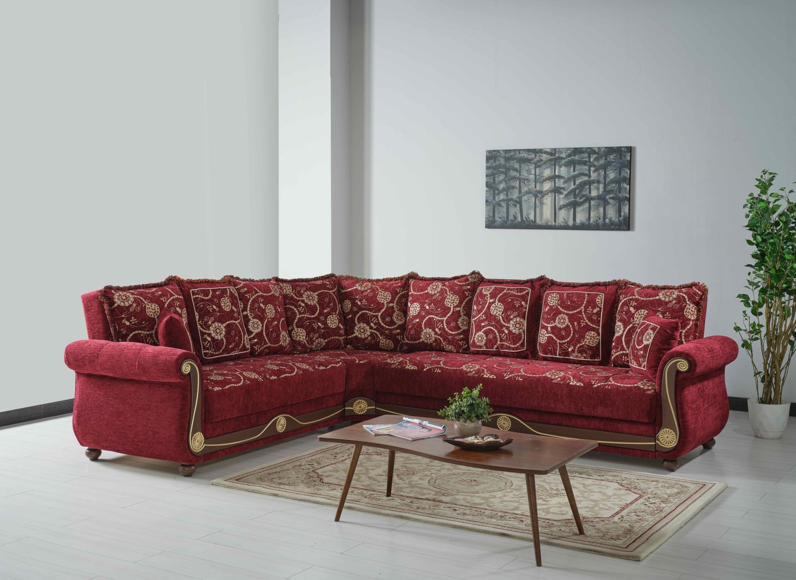 Ottomanson Americana Collection Upholstered Convertible Sectional with Storage, Burgundy