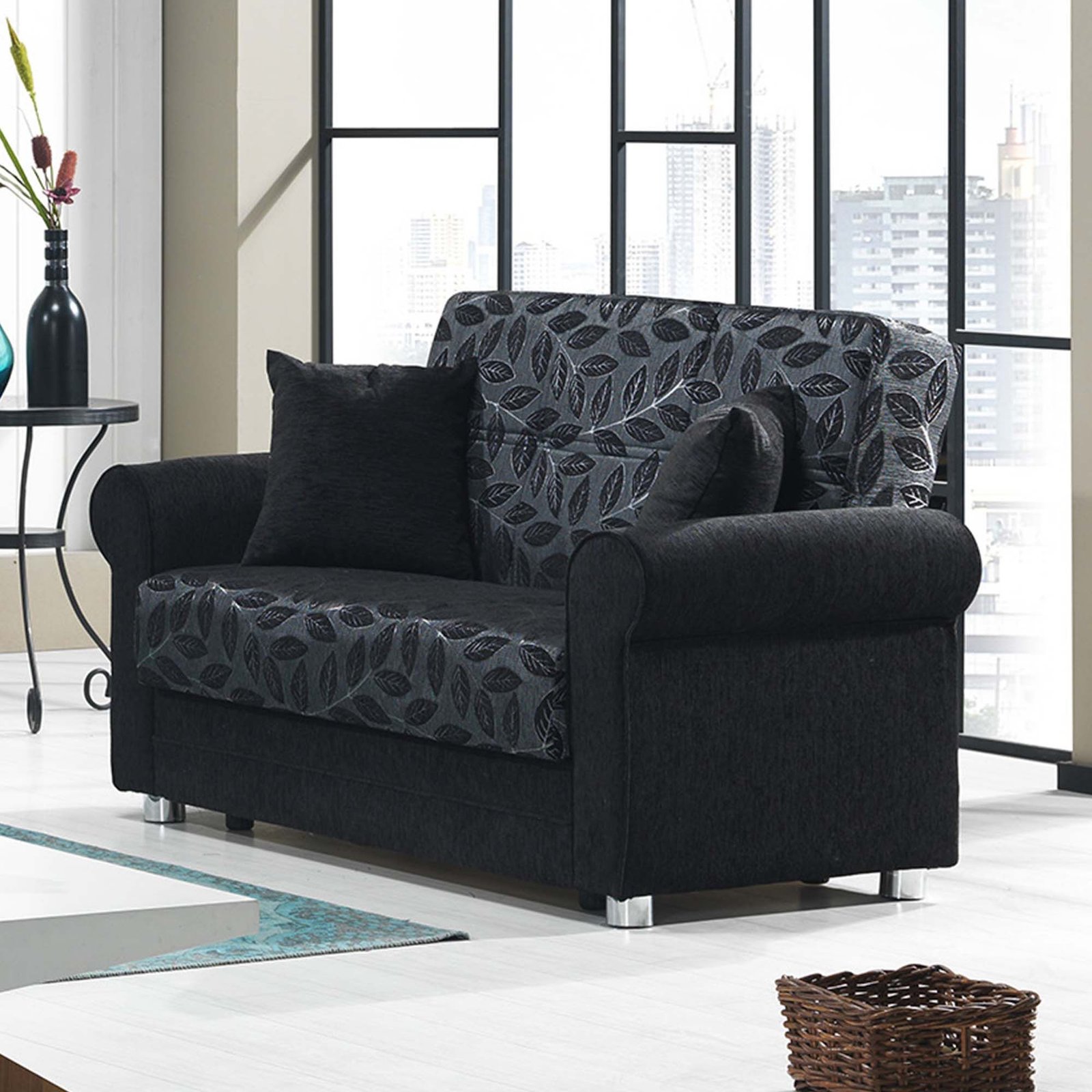 Ottomanson Rio Grande Collection Upholstered Convertible Loveseat with Storage, Black