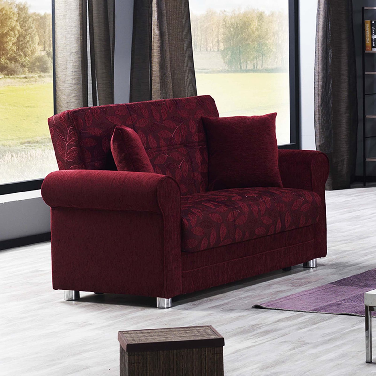 Ottomanson Rio Grande Collection Upholstered Convertible Loveseat with Storage, Burgundy