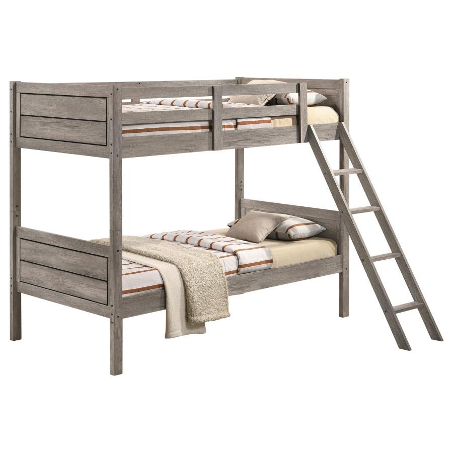 RYDER WOOD TWIN OVER TWIN BUNK BED WITH MATTRESS WEATHERED TAUPE
