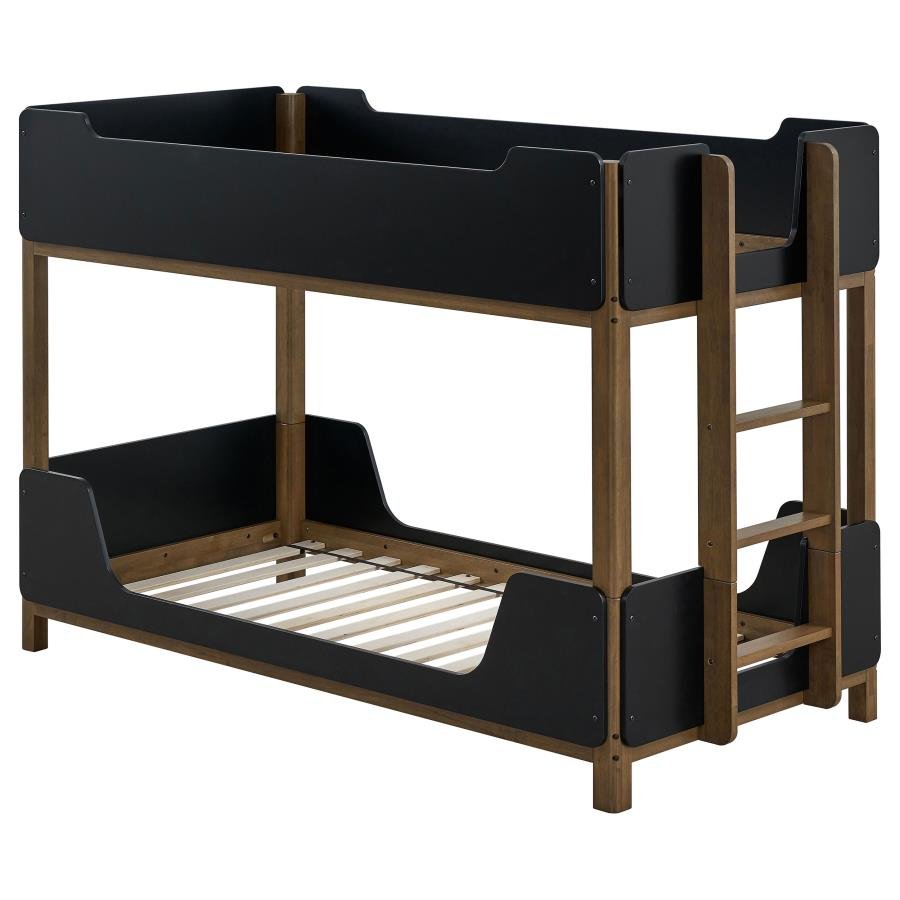 MORRIS TWIN OVER TWIN WOOD BUNK BED BLACK AND WALNUT