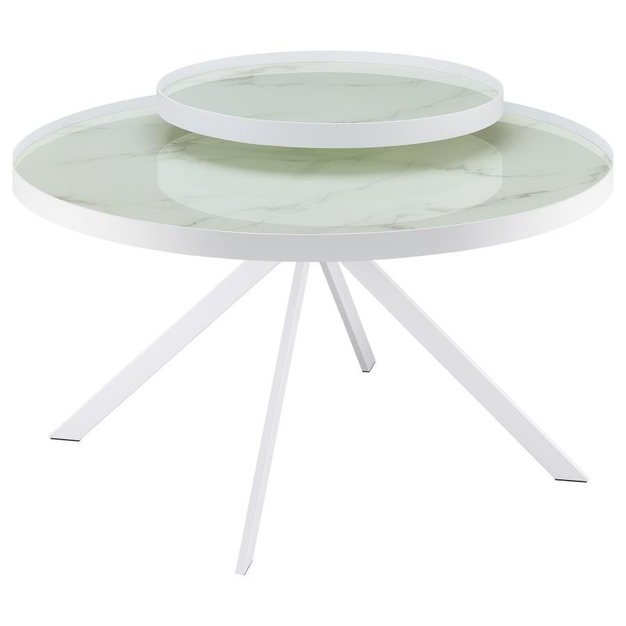 BRIGGS ROUND MARBLE PRINTED GLASS TOP COFFEE TABLE WHITE