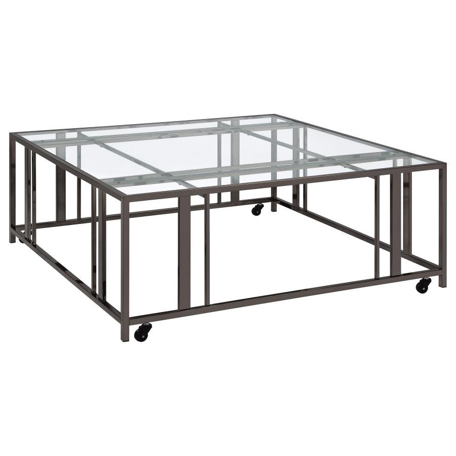 ADRI SQUARE GLASS TOP COFFEE TABLE WITH CASTERS BLACK NICKEL