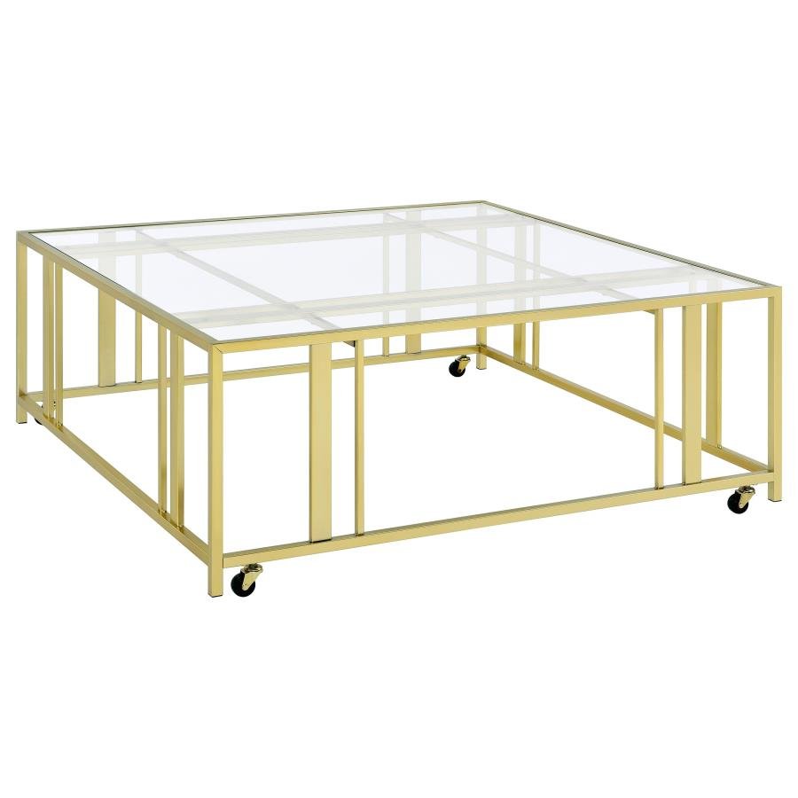 ADRI SQUARE GLASS TOP COFFEE TABLE WITH CASTERS MATTE BRASS