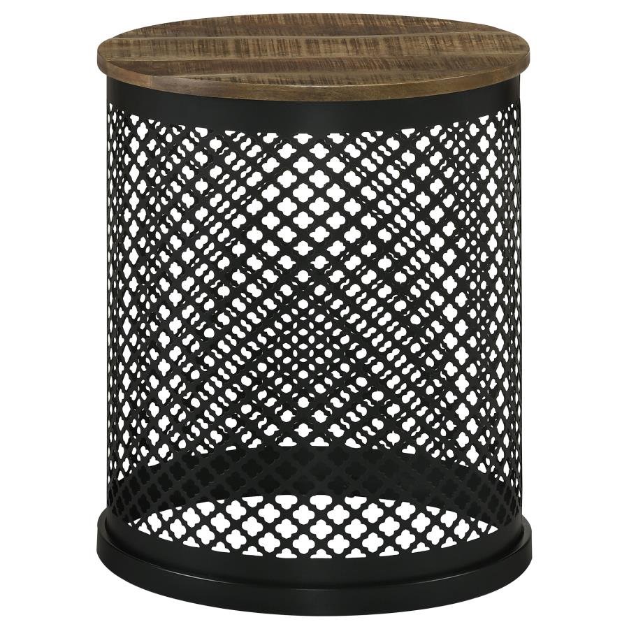 AURORA ROUND DRUM BASE ACCENT SIDE TABLE NATURAL AND BLACK