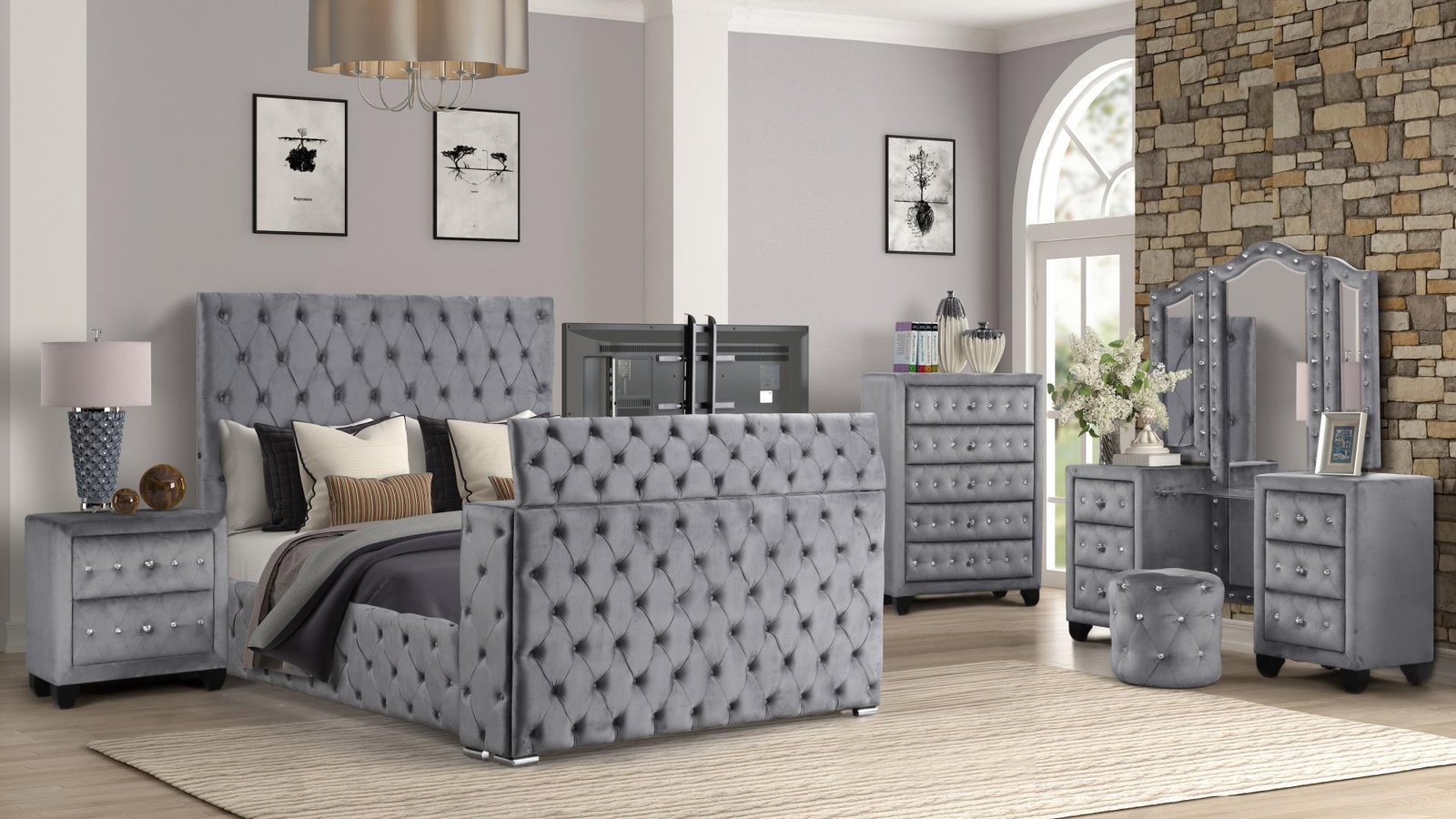 encore king 4pc vanity bedroom set in gray